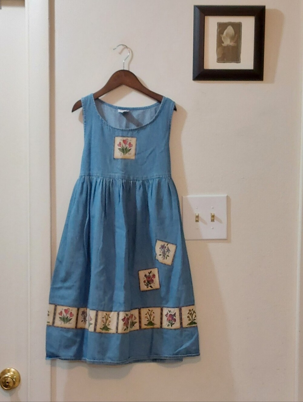Vintage Denim Blue Floral Patchwork Sundress Size Large
